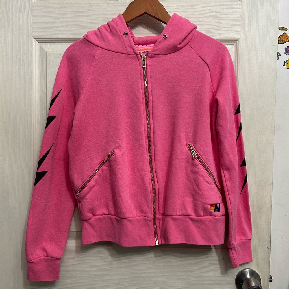 Aviator Nation 4 Bolt Relaxed Zip Hoodie Paris Pink Zip Pockets Women's Small